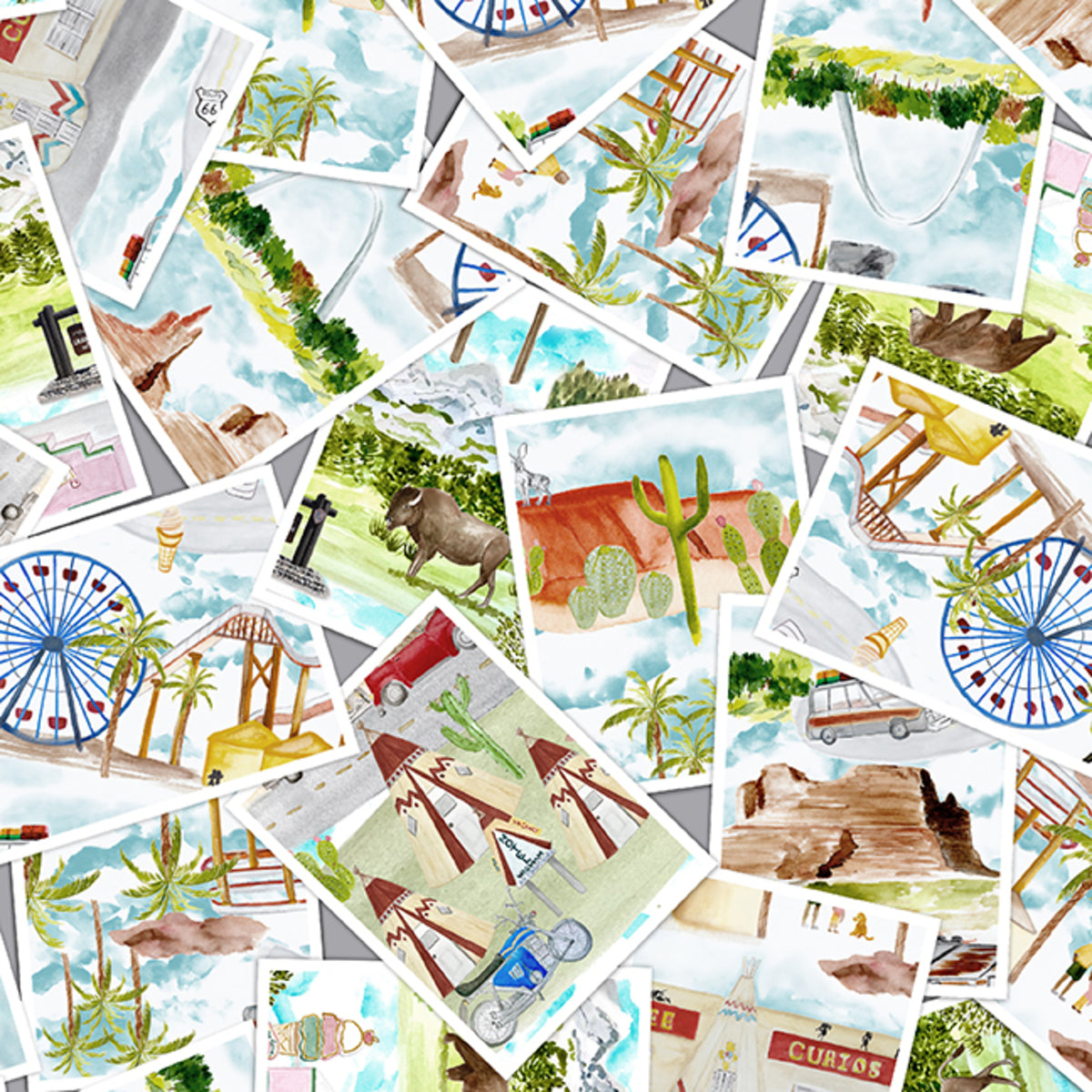 Road Trip Postcards Ecru fabric