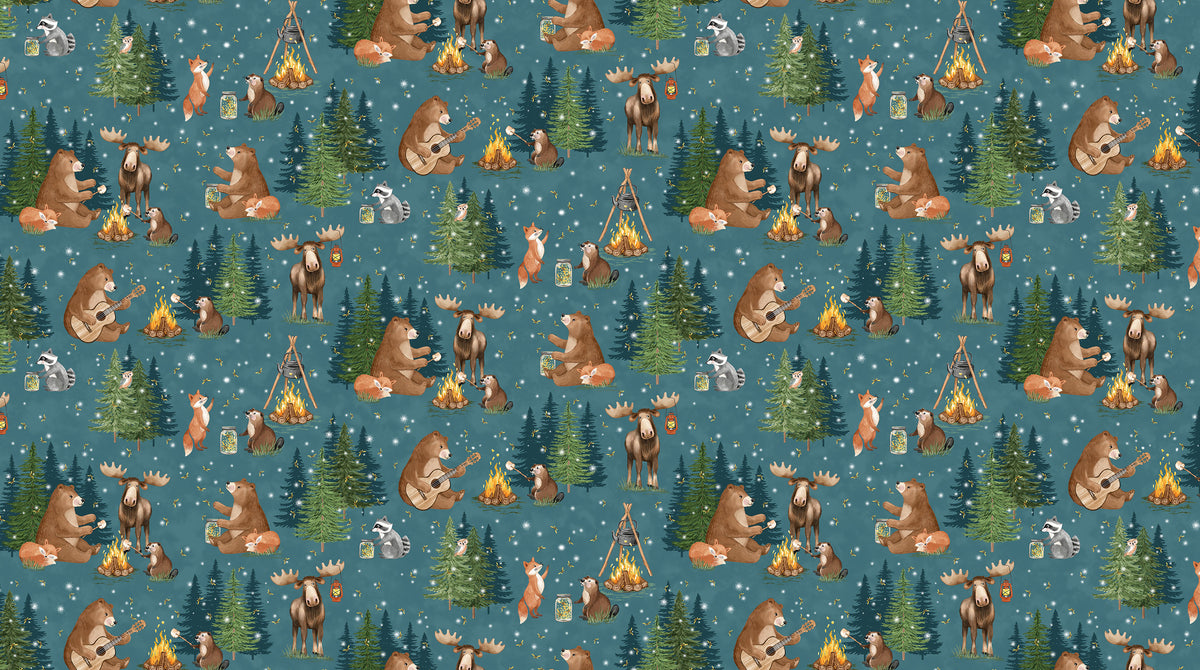 Happy Camper Night Scene - Teal Multi