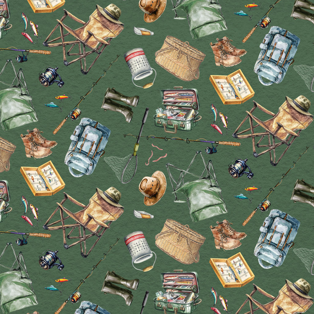 Lake Life Fishing Gear - Forest fabric from Clothworks