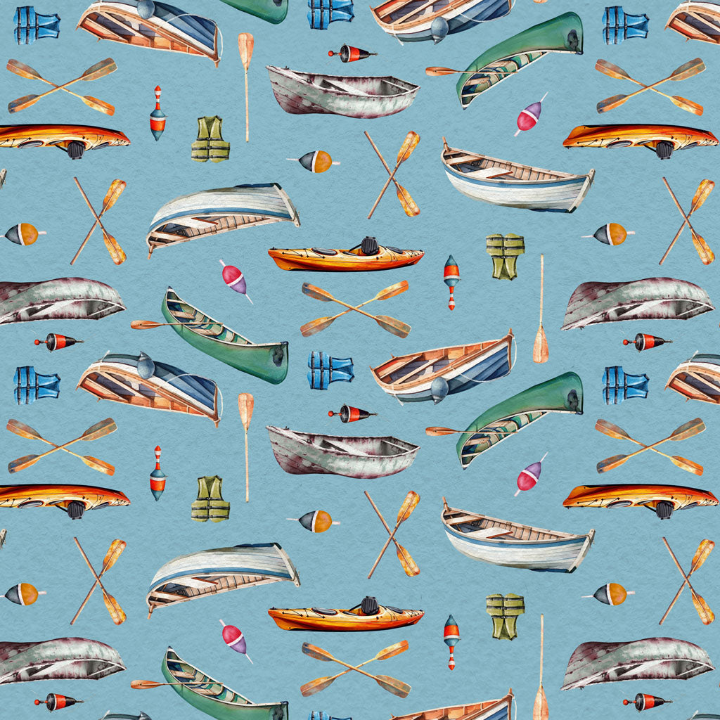 Lake Life Boats - Light Sky fabric from Clothworks