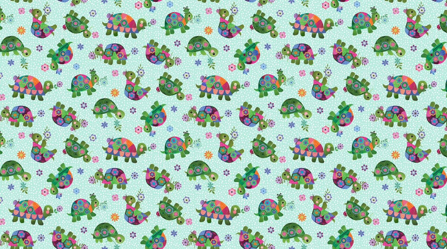 Topsy Turtles turquoise multi turtle fabric by Northcott DP29317-64