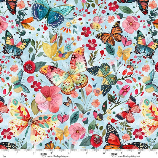 Botanic Symphony Butterflies and Floral Toss Lt Blue fabric
