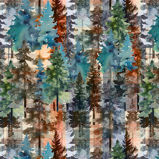 Brushed in Nature Pine Trees Navy fabric