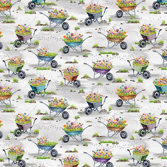 Herding Cats Landscaping Wheelbarrow Blooms Pearl fabric