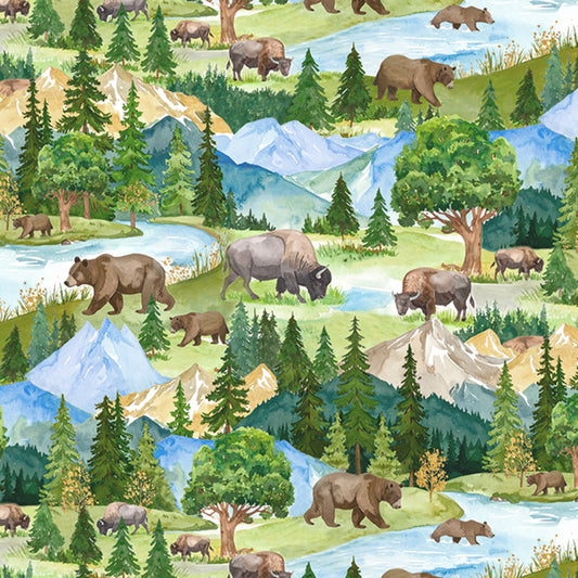 Road Trip Bears and Buffalos Green fabric
