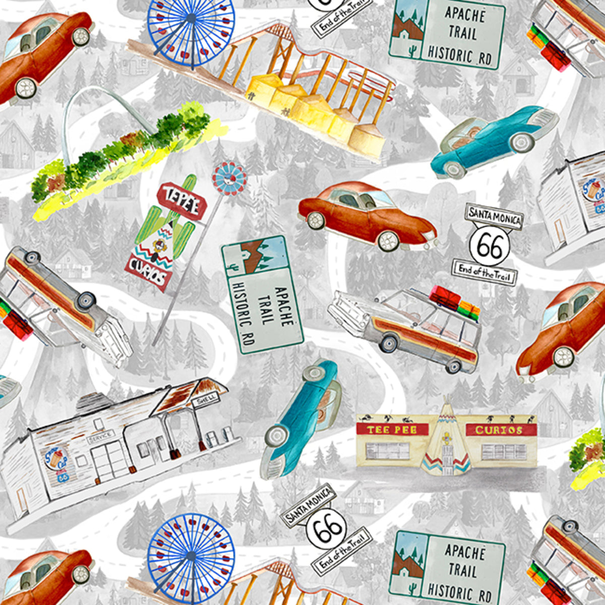 Road Trip Road and Cars Gray fabric