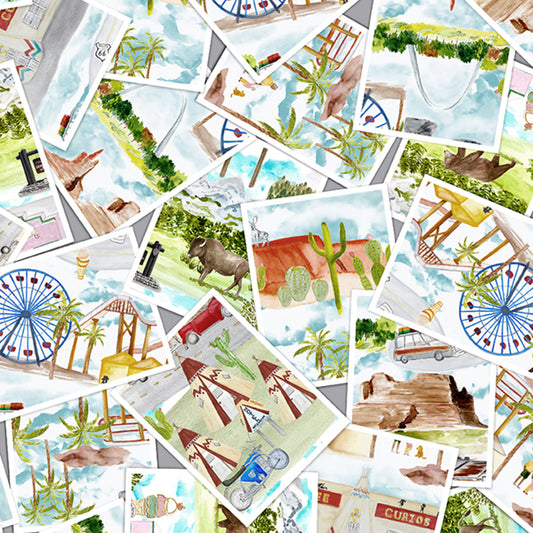 Road Trip Postcards Ecru fabric