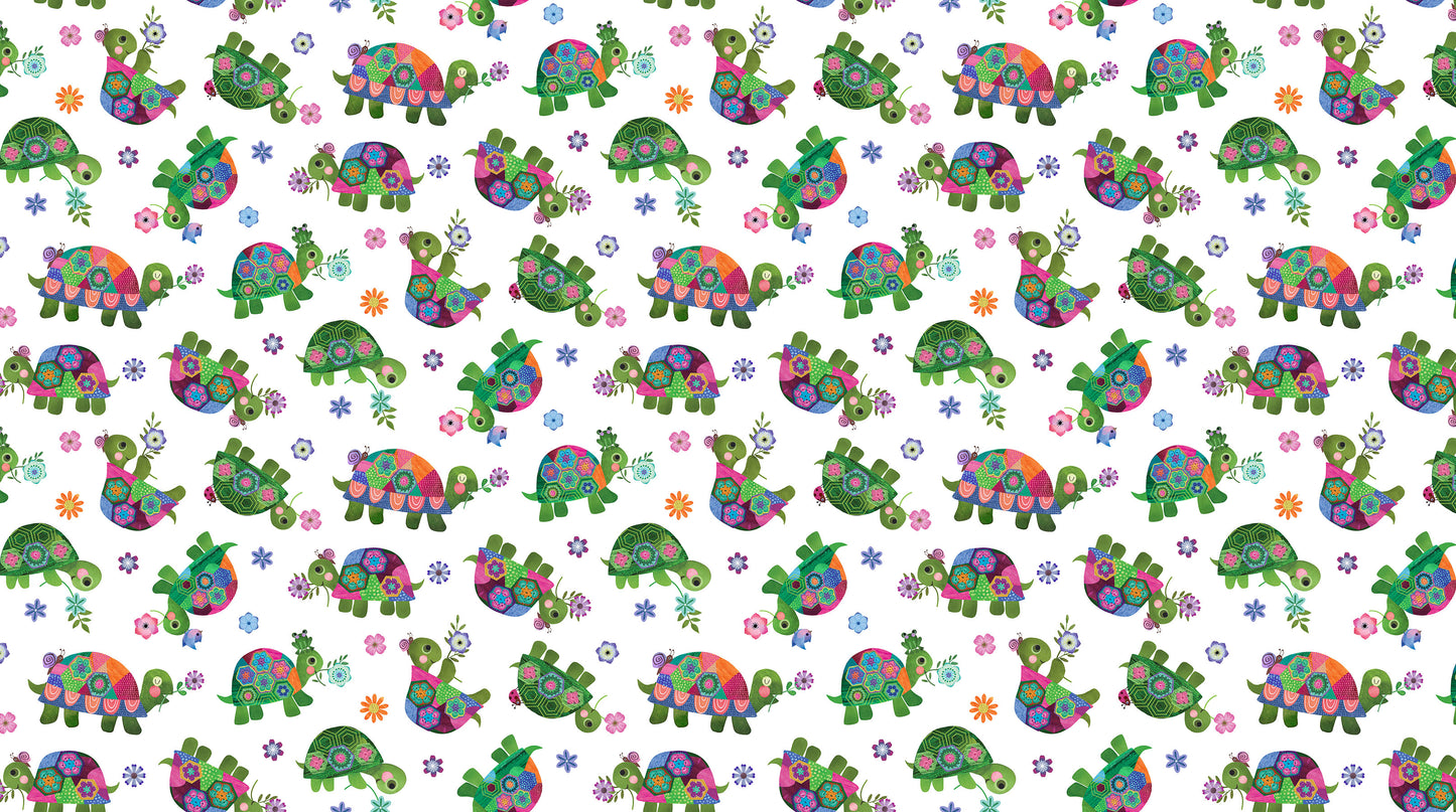Topsy Turtles white multi turtle fabric by Northcott DP29317-10