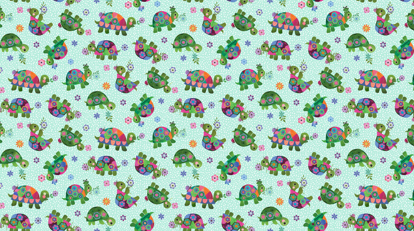 Topsy Turtles turquoise multi turtle fabric by Northcott DP29317-64