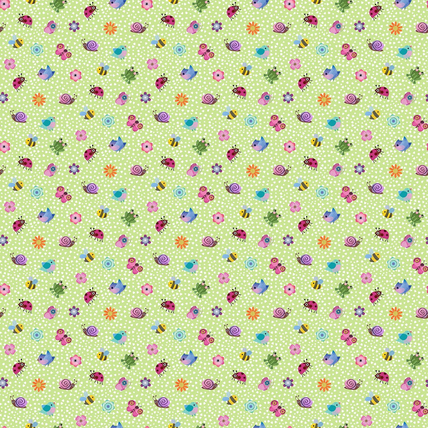 Topsy Turtles bug and flower toss light green fabric by Northcott DP29318-74