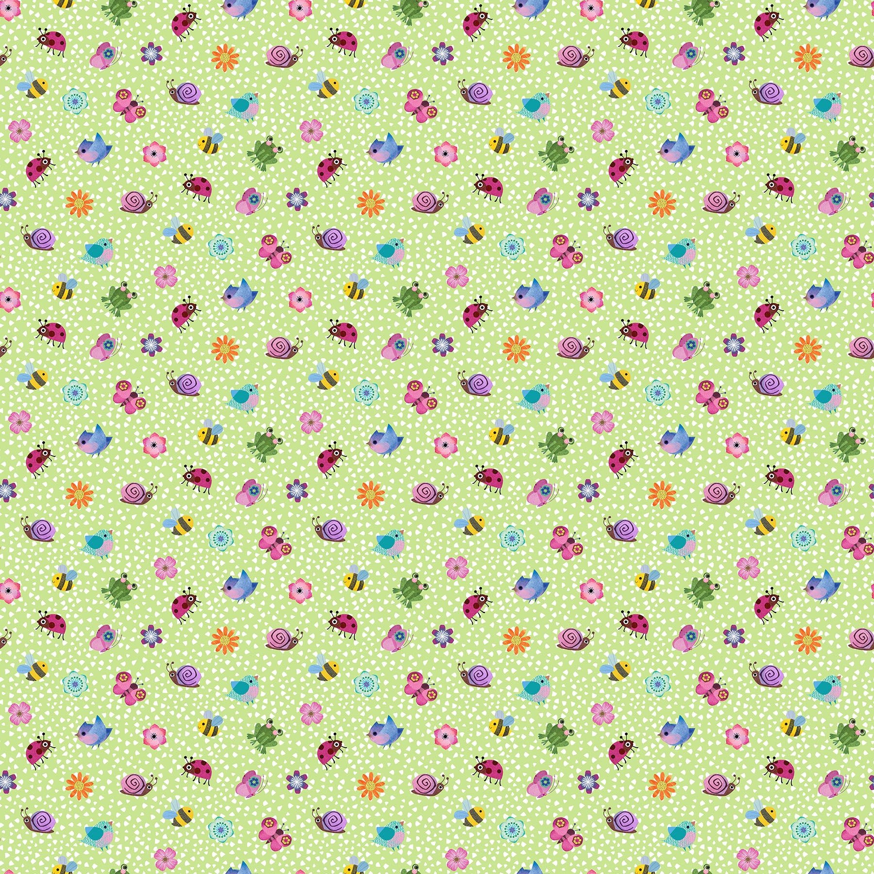 Topsy Turtles bug and flower toss light green fabric by Northcott DP29318-74