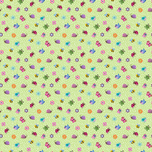 Topsy Turtles bug and flower toss light green fabric by Northcott DP29318-74