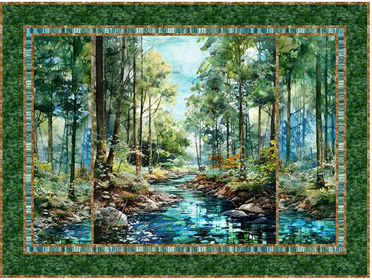 Serenity Springs forest stream quilt featuring Northcott Fabrics