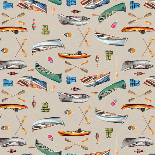 Lake Life Boats - Khaki fabric from Clothworks