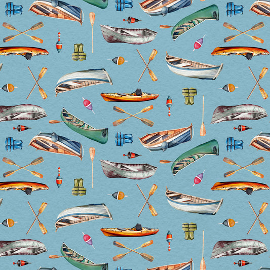 Lake Life Boats - Light Sky fabric from Clothworks