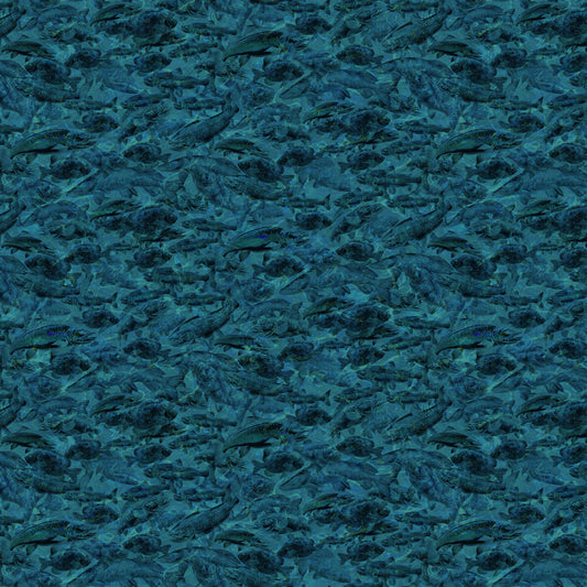Lake Life Fish - Dark Teal fabric from Clothworks