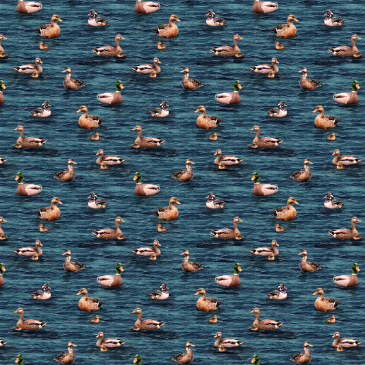 Lake Life Ducks - Dark Teal fabric from Clothworks